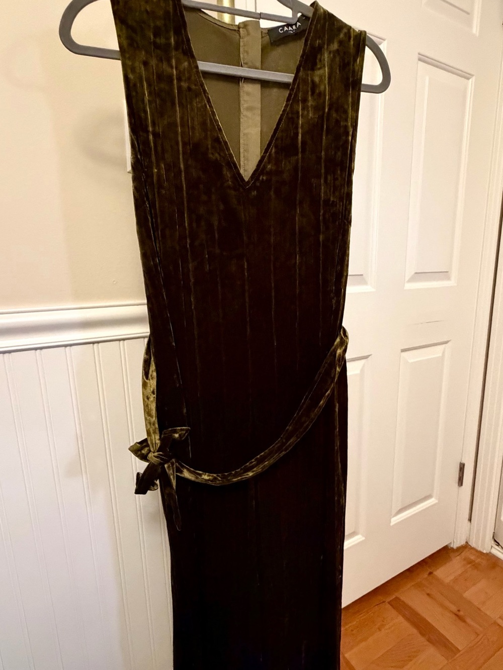 Olive Green Velvet Sleeveless V-Neck Jumpsuit